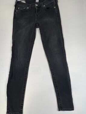 True Religion Women 27x29 Halle Mid Rise Super Skinny Jeans Black Faded Denim